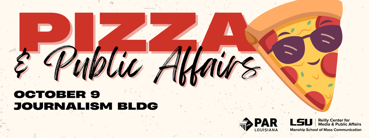 Pizza & Public Affairs Promotional art with pizza slice wearing sunglasses