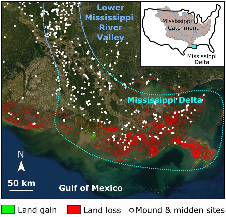 Mound sites affected by coastal landloss Mound sites affected by coastal landloss